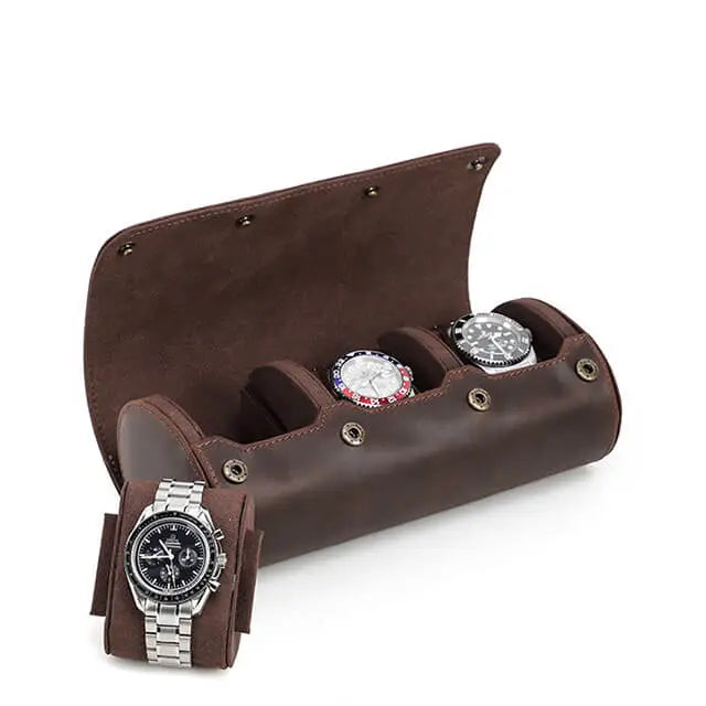 Coffee Genuine Leather Watch Roll Travel Case For 3 Watches – Mozsly