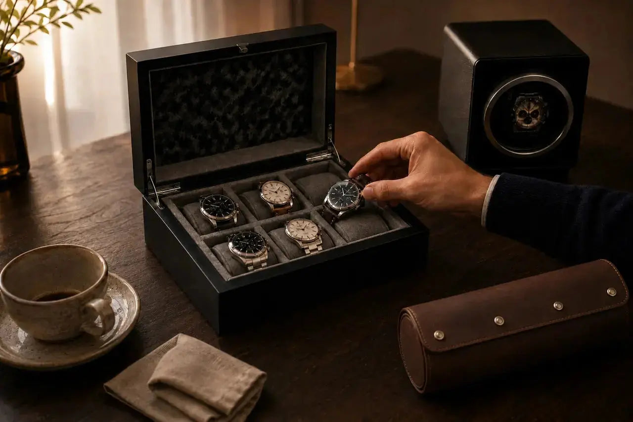 A quiet weekend desk scene with several mechanical watches, an open watch box, a watch winder, a watch roll, and a cup of coffee as a collector organizes his watches.