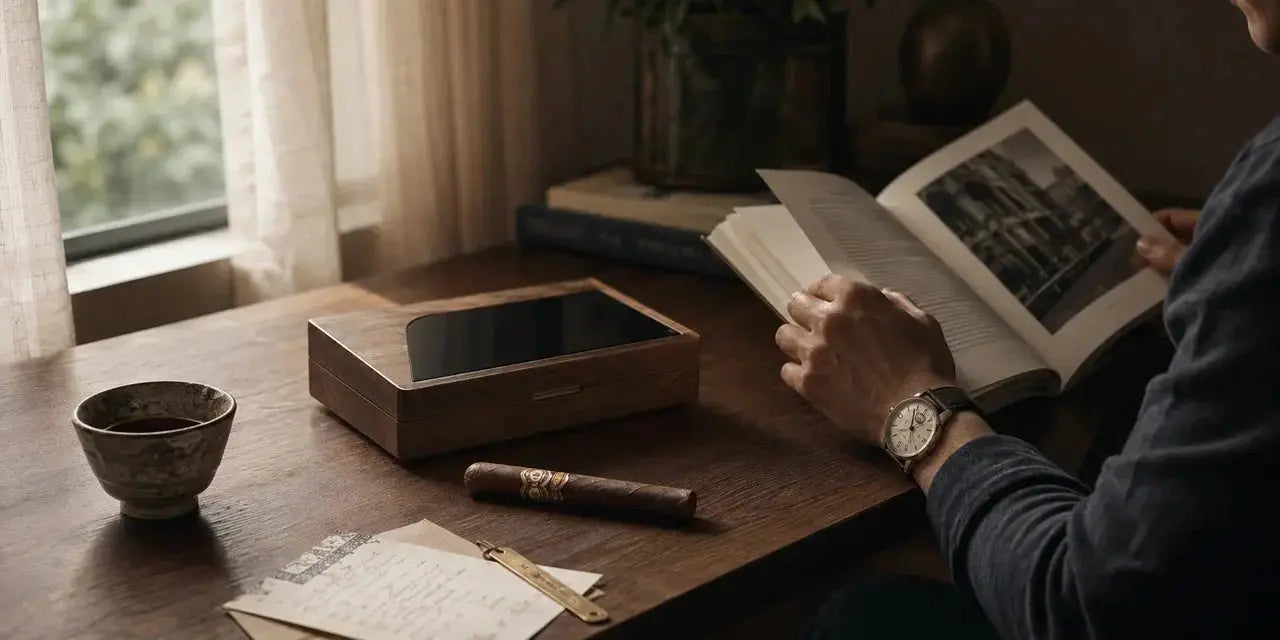 Man reading beside a wooden cigar humidor, cigar and mechanical watch in a quiet sunlit home study.