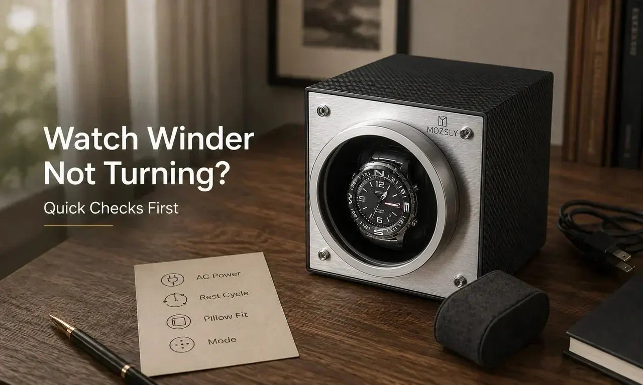 Mozsly watch winder troubleshooting with automatic watch and quick check card for power, mode, pillow fit on wooden desk