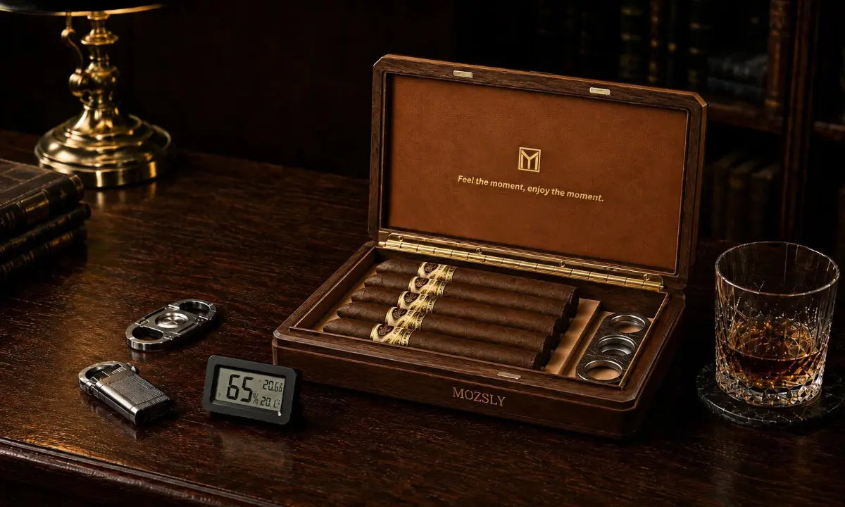 Wooden cigar humidor with Spanish cedar interior and digital hygrometer displaying 65% relative humidity and 20°C, representing ideal cigar storage and aging conditions.