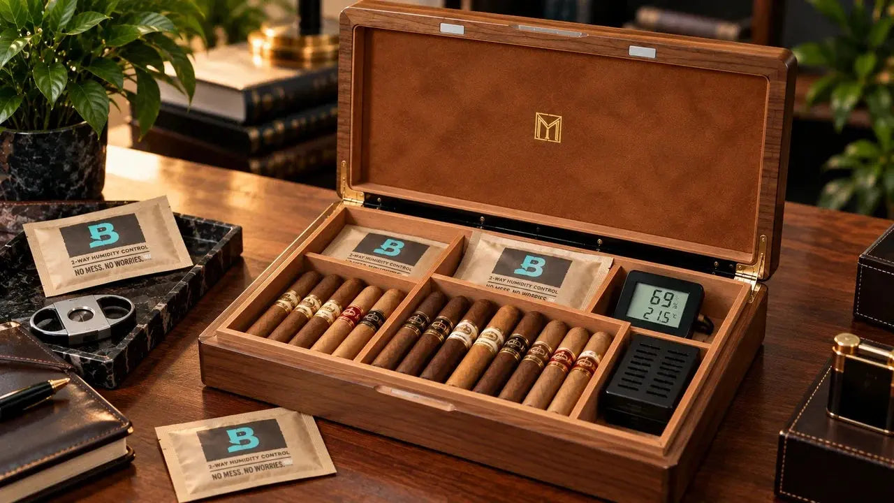 Boveda packs for cigars placed correctly in a wooden humidor with a digital hygrometer