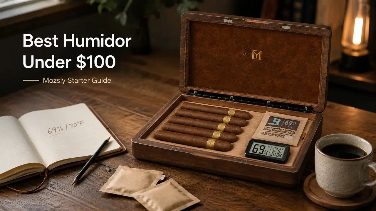 Mozsly small cedar humidor with digital hygrometer reading 69% humidity, five unbranded cigars, and humidity packs on a warm wooden desk – beginner setup under $100