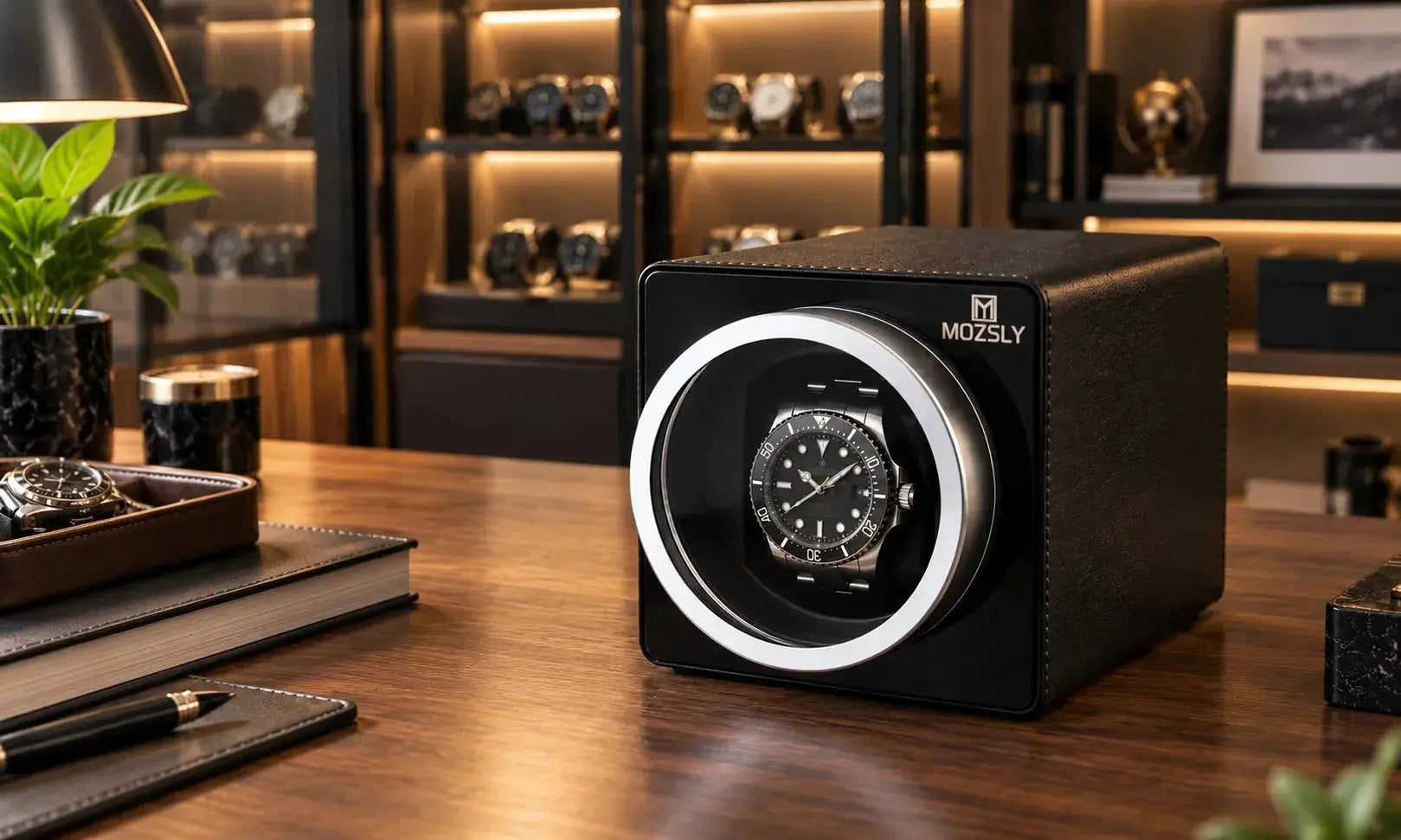 MOZSLY single automatic watch winder holding an automatic watch on a wooden desk