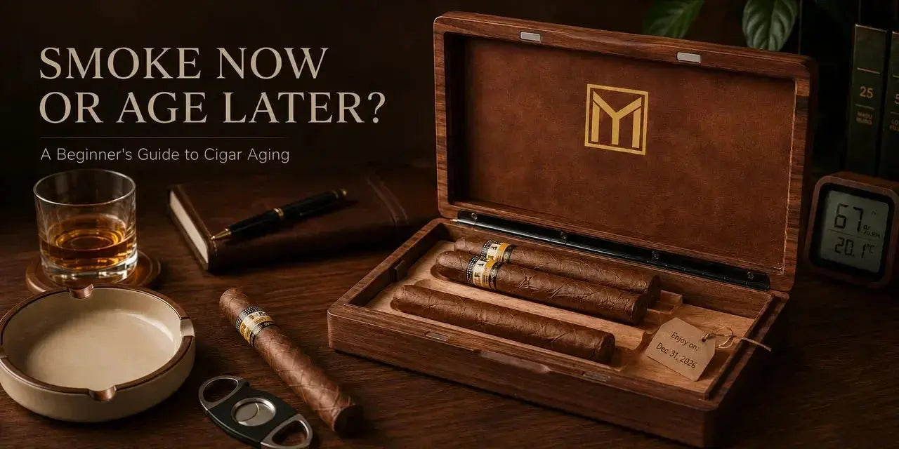  Open walnut humidor showing cigars divided into smoke now and age later groups