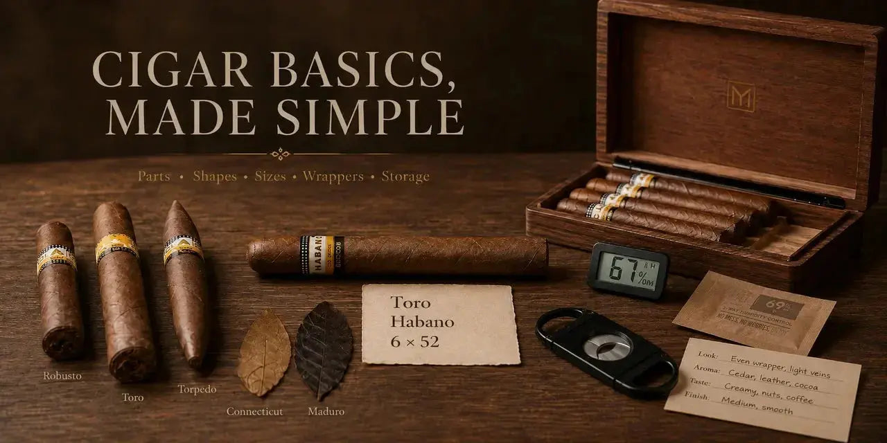 Beginner cigar guide showing cigar parts, sizes, shapes, wrapper leaves, and humidor storage