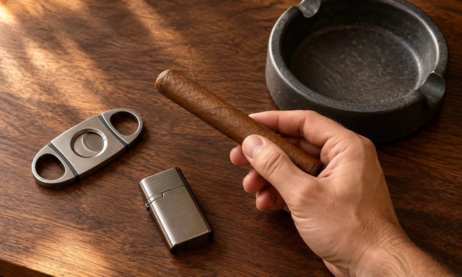 How to smoke a cigar: beginner setup with a cigar cutter, lighter, ashtray, and cigar