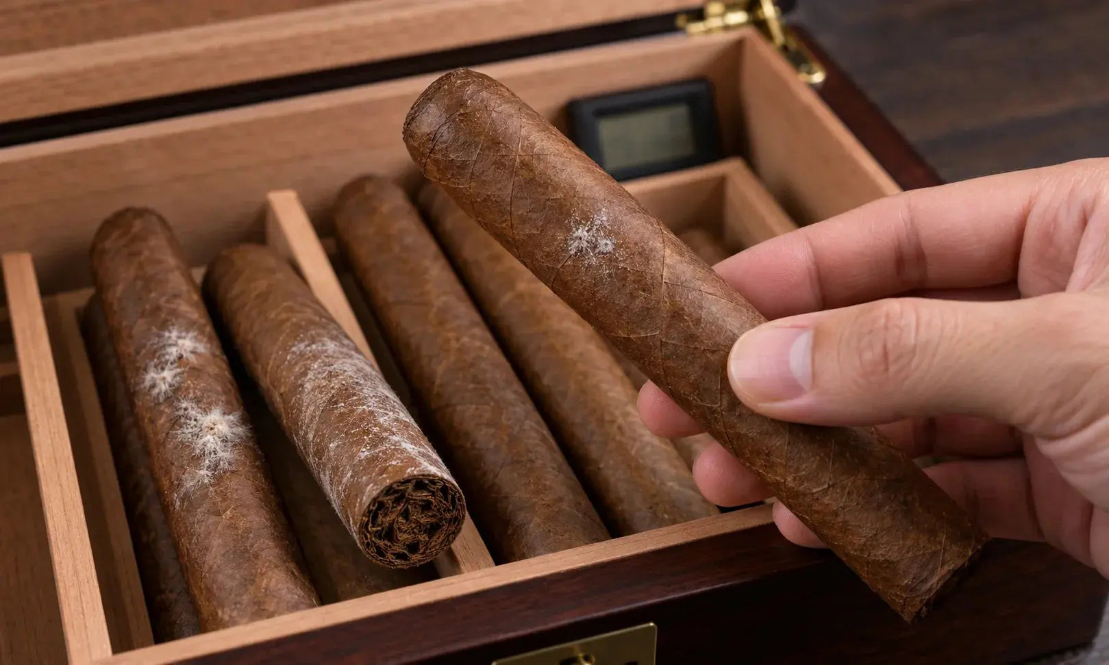 Inspecting white spots on a cigar for possible mold, surface residue, or plume inside a wooden humidor