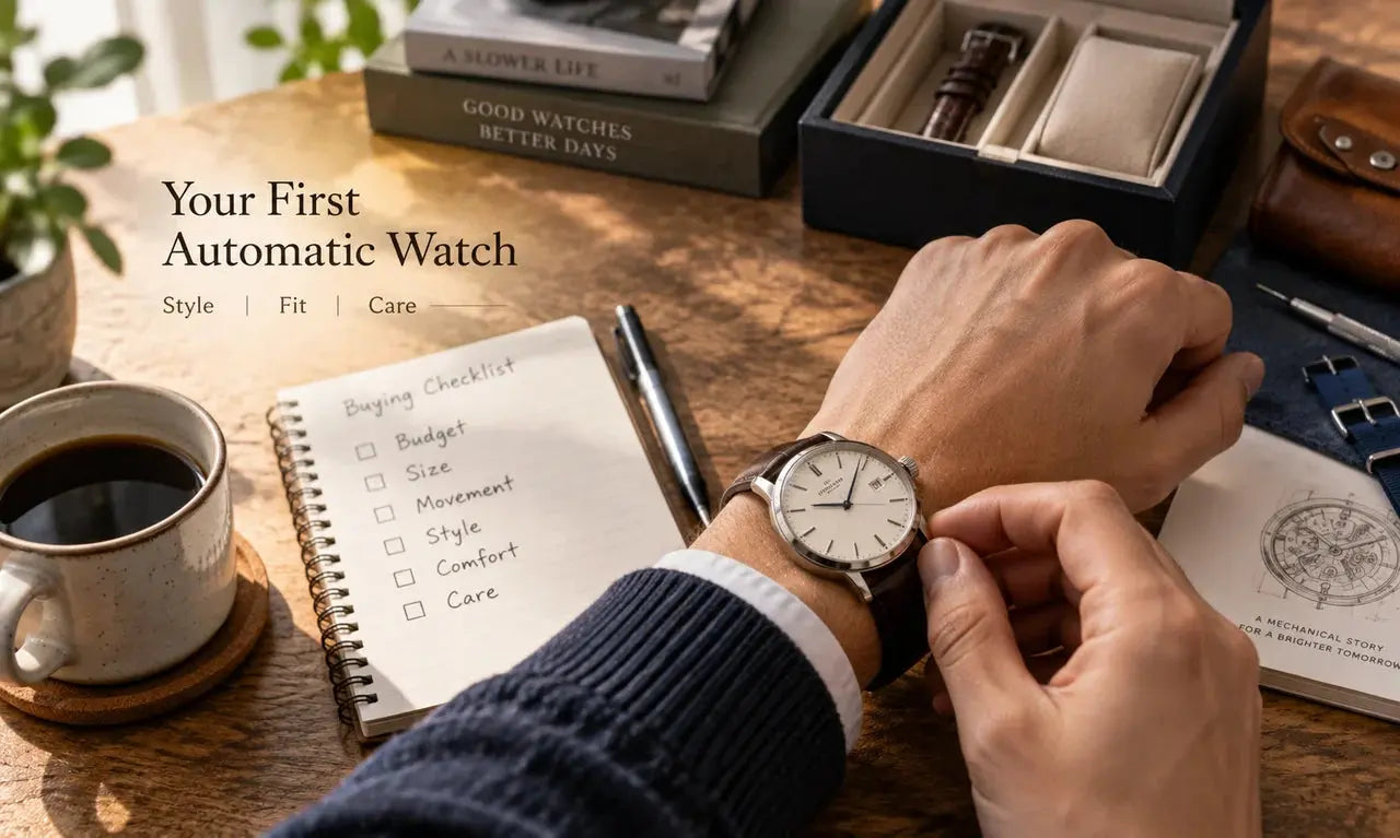 A person choosing and wearing a classic automatic watch on a warm wooden desk with a watch box, strap, and buying notes nearby.