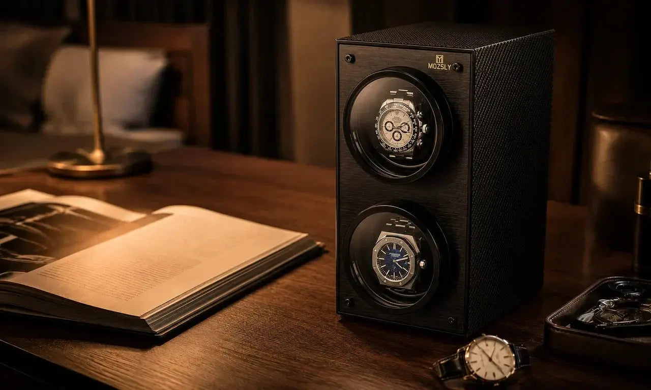 Mozsly luxury carbon fiber automatic watch winder on a dark wood desk, demonstrating quiet motor and premium fit, illustrating a buying guide for winders over $200.