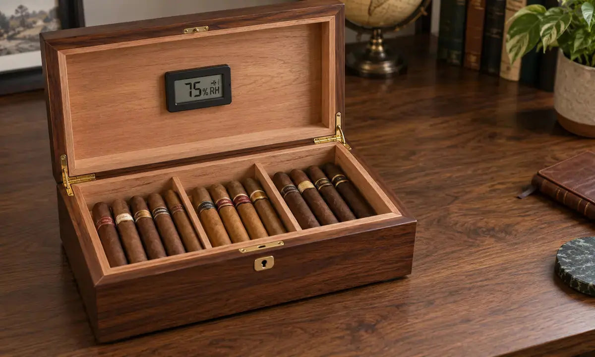 Open humidor with cigars and a hygrometer showing 75% RH on a stable walnut desk