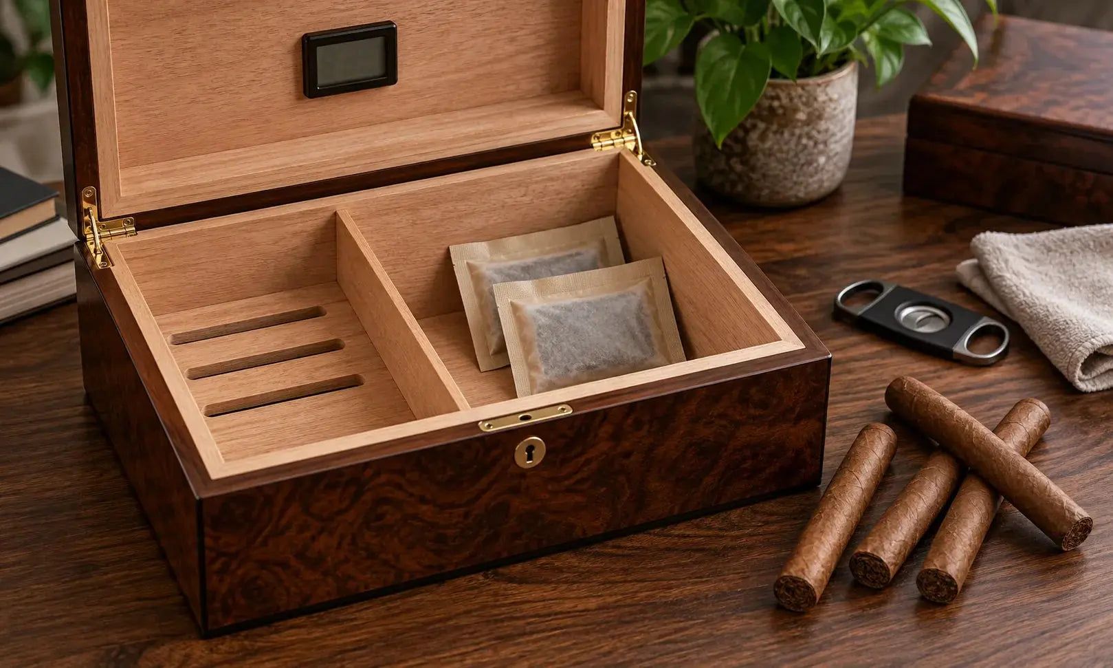 New wooden humidor prepared for humidor seasoning before cigars are added
