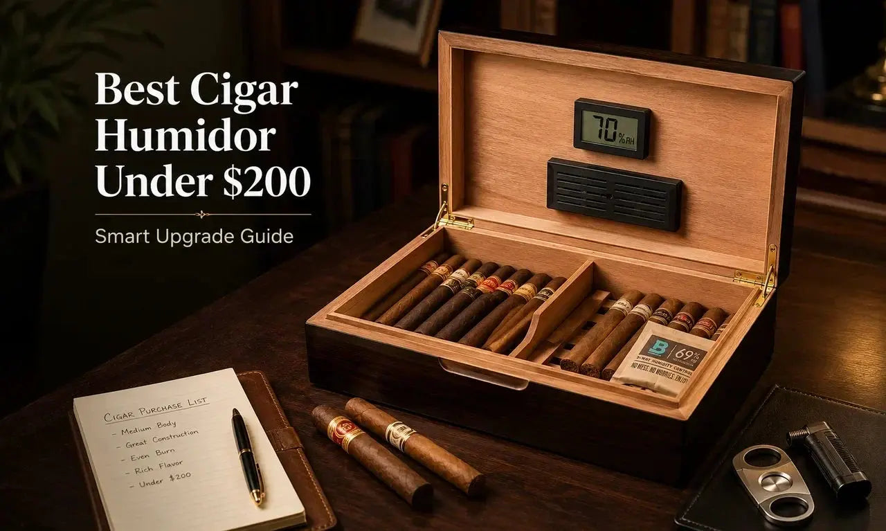 Open medium desktop cigar humidor under 200 dollars with Spanish cedar lining, cigars, dividers, and digital hygrometer on a wooden desk.