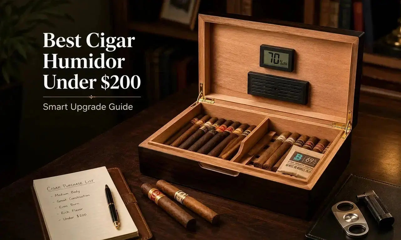 Open medium desktop cigar humidor under 200 dollars with Spanish cedar lining, cigars, dividers, and digital hygrometer on a wooden desk.