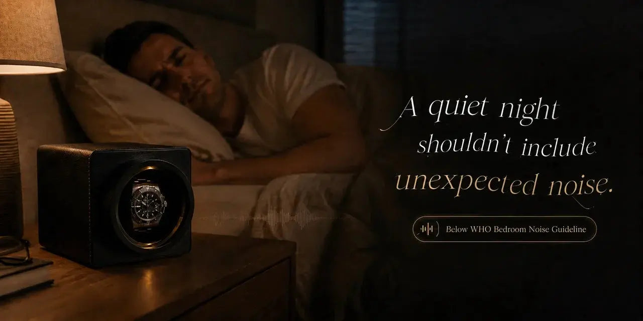 A sleeping man beside a single-slot watch winder on a wooden nightstand, illustrating a quiet bedroom setup with minimal nighttime noise.