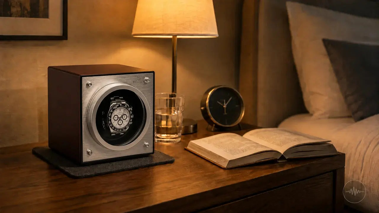 Quiet Mozsly watch winder on wooden nightstand with soft lamp light reducing motor noise perception