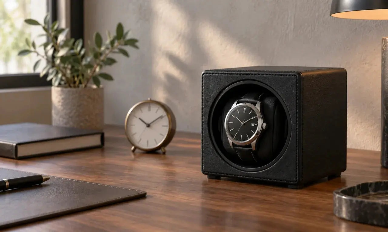 MOZSLY watch winder holding an automatic watch in a quiet study setting