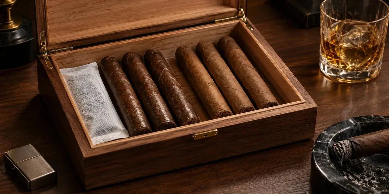 Cigar rotation test inside a wooden humidor to diagnose uneven humidity between wetter and drier storage zones.