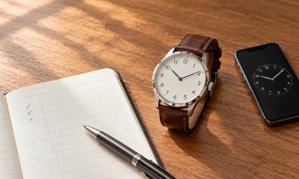 Mechanical watch beside a daily timing log and phone clock