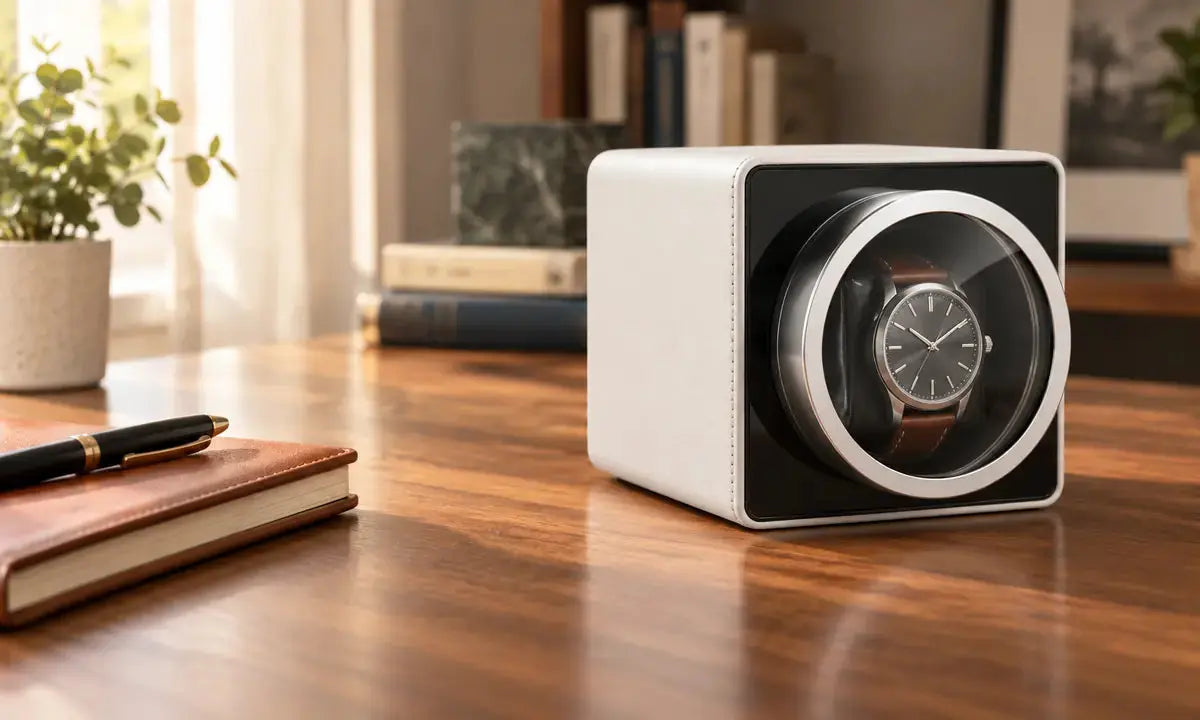 White Mozsly single watch winder holding an automatic watch on a home-office desk