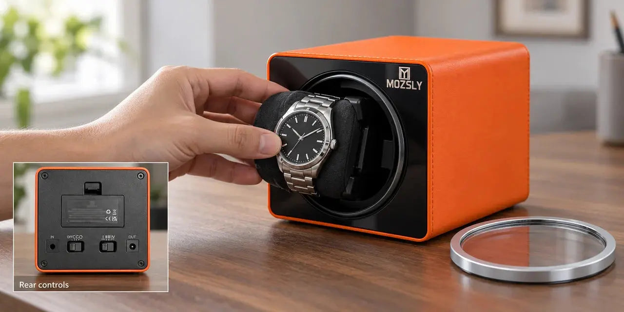 MOZSLY watch winder with an automatic watch, pillow, and control panel