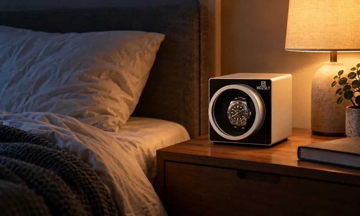 Watch winder beside a bed at night with a mechanical watch inside