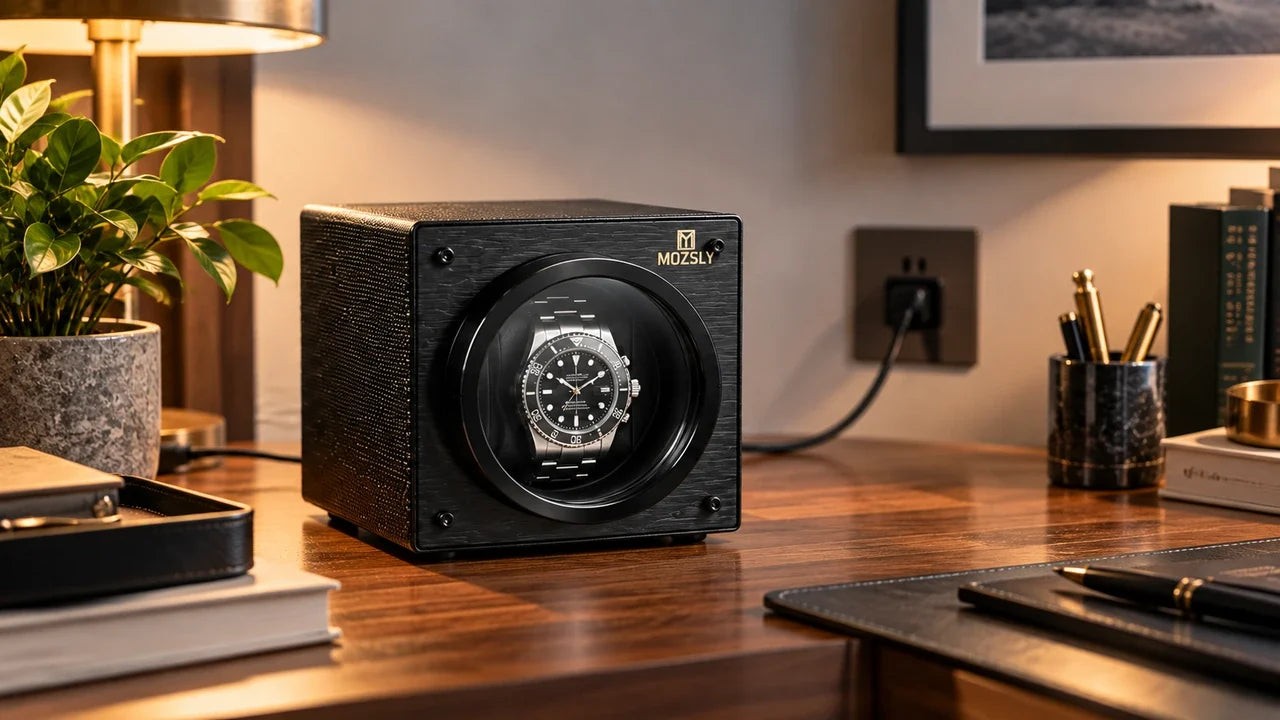 How to use a watch winder safely on a stable surface with an automatic watch