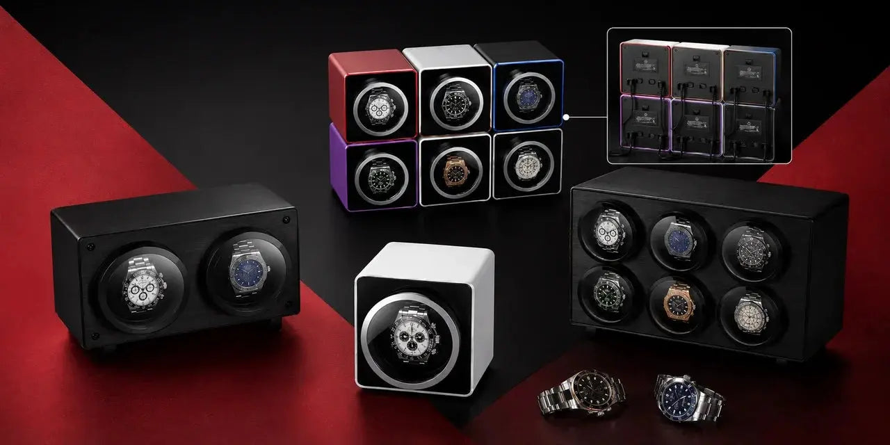 Modular watch winder system collection showing single, dual, and six-piece units in black leather and multi-colored finishes, featuring back panel connectivity.