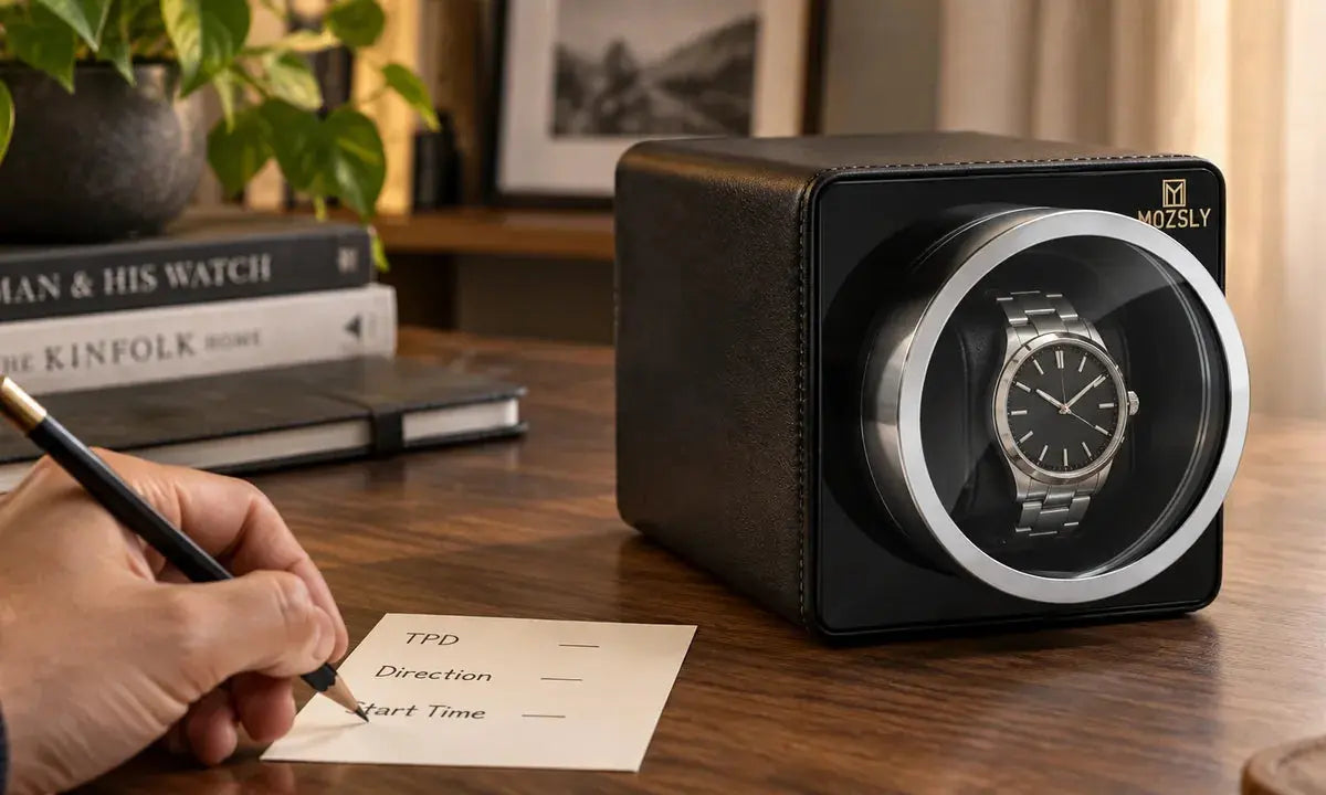 A hand records TPD, direction, and start time beside an automatic watch in a MOZSLY winder.