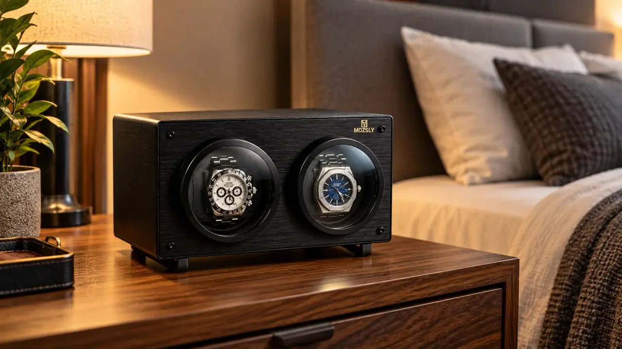 Best watch winders under $200 with two automatic watches on a bedroom nightstand