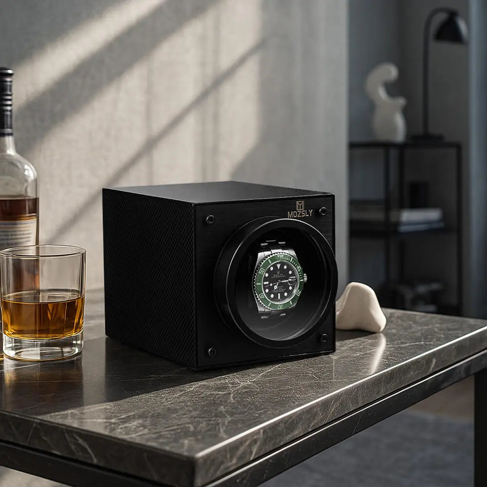 MOZSLY® Black Knight Single Watch Winder -Black Carbon Brazed Piano