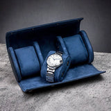 Blue Leather Watch Roll Travel Case For 3 Watches