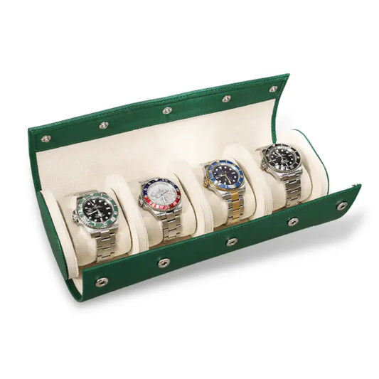 Green Genuine Leather Watch Roll  Travel Case-4 Slot-5