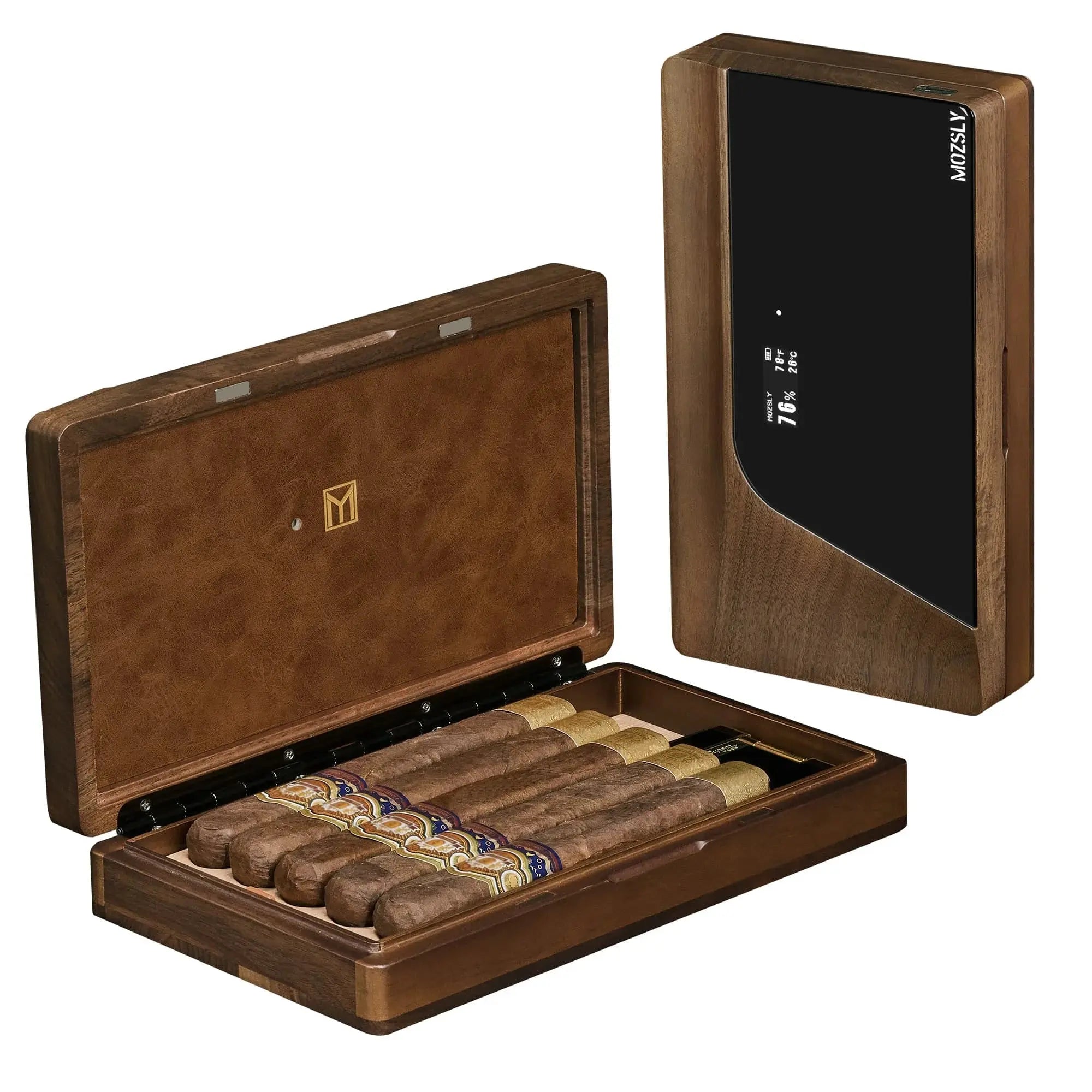 MOZSLY Portable Walnut Wood Travel Cigar Humidor Box-Capo Pro (With Digital Display)