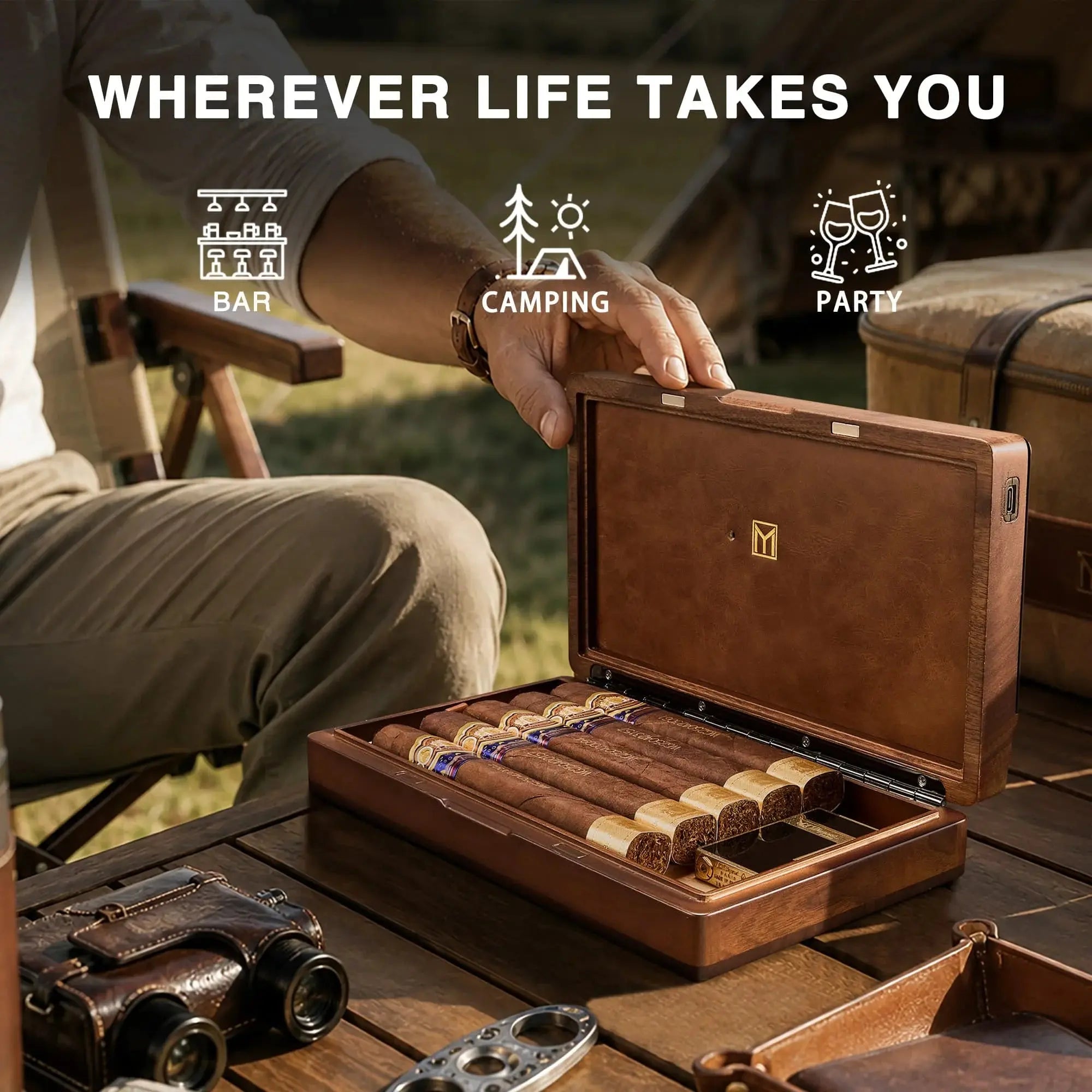 MOZSLY Portable Walnut Wood Travel Cigar Humidor Box-Capo Pro (With Digital Display) Secondary image