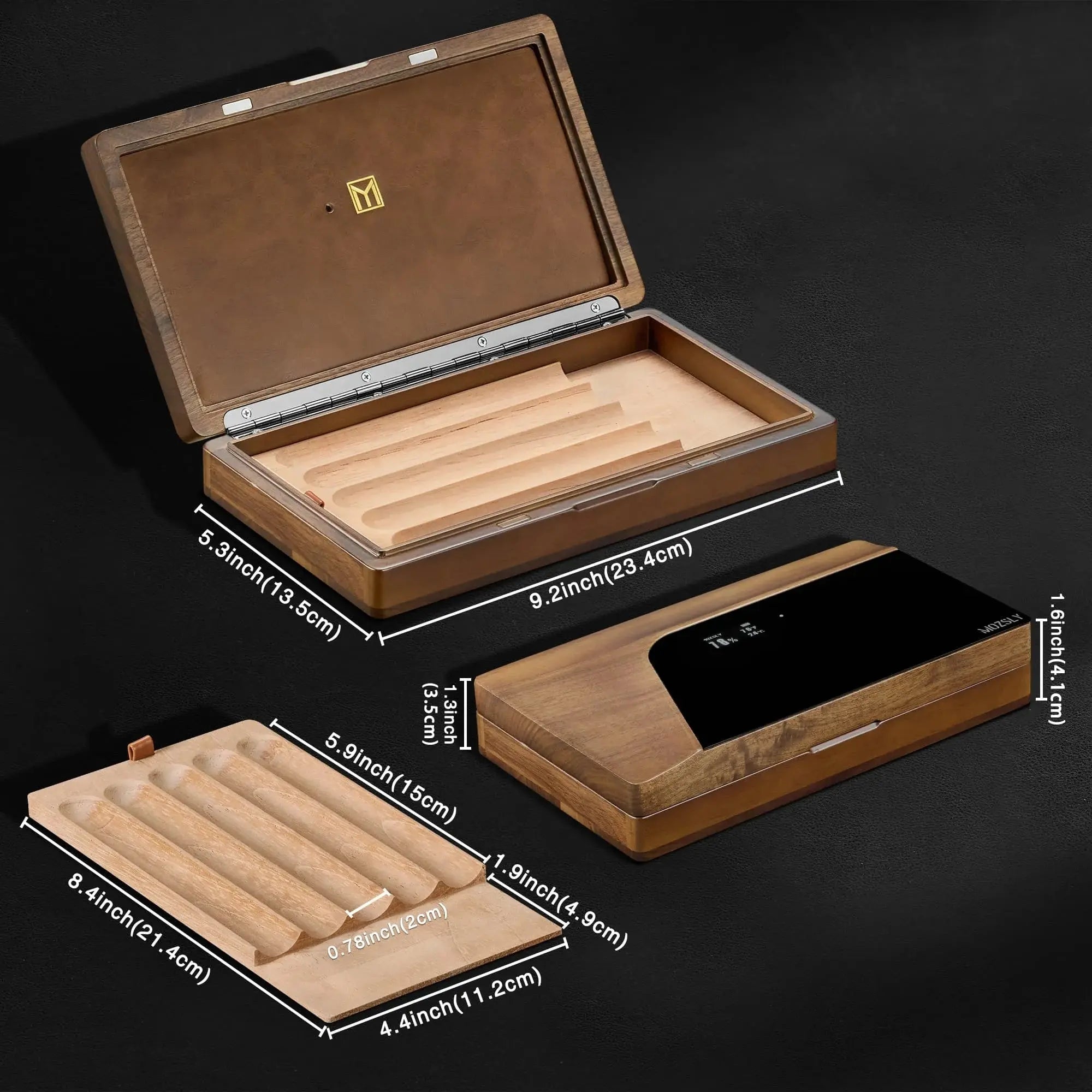 MOZSLY Portable Walnut Wood Travel Cigar Humidor Box-Capo Pro (With Digital Display)