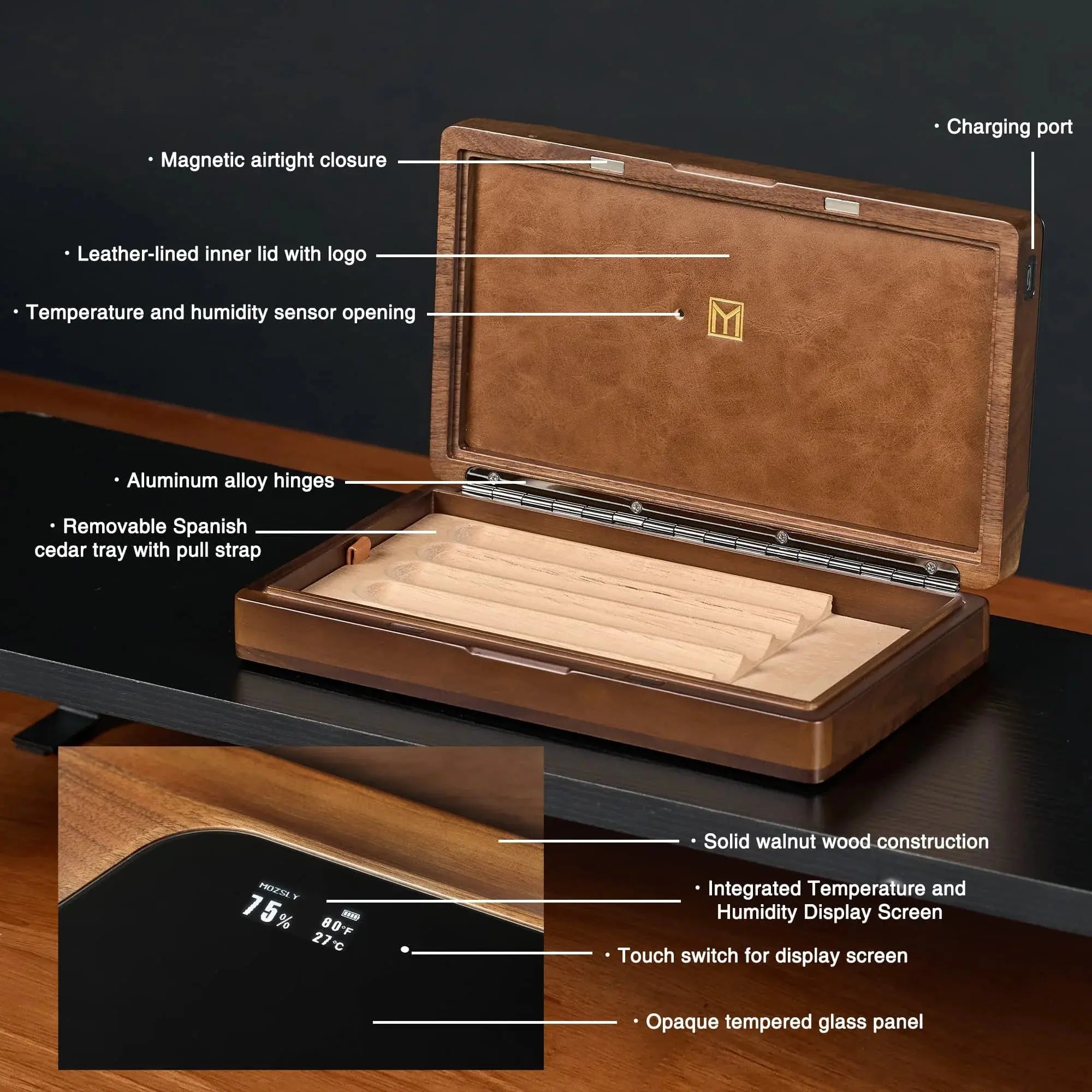 MOZSLY Portable Walnut Wood Travel Cigar Humidor Box-Capo Pro (With Digital Display)