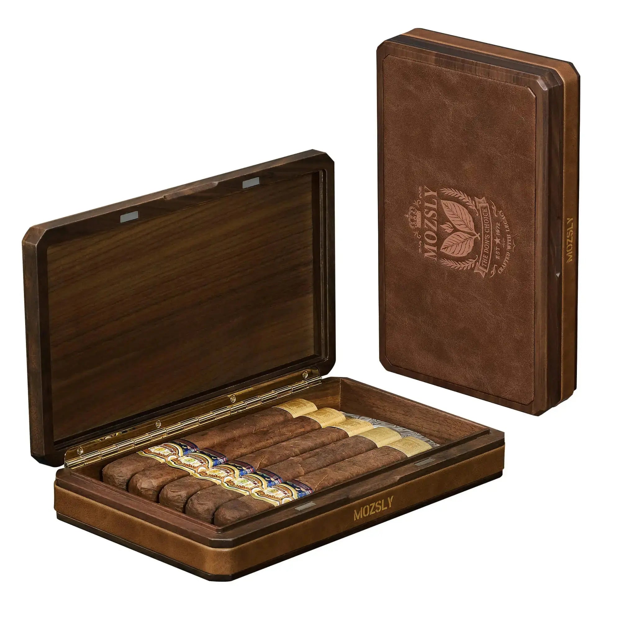 MOZSLY Portable Walnut Wood & Leather Travel Cigar Humidor Box - The Baron Main image