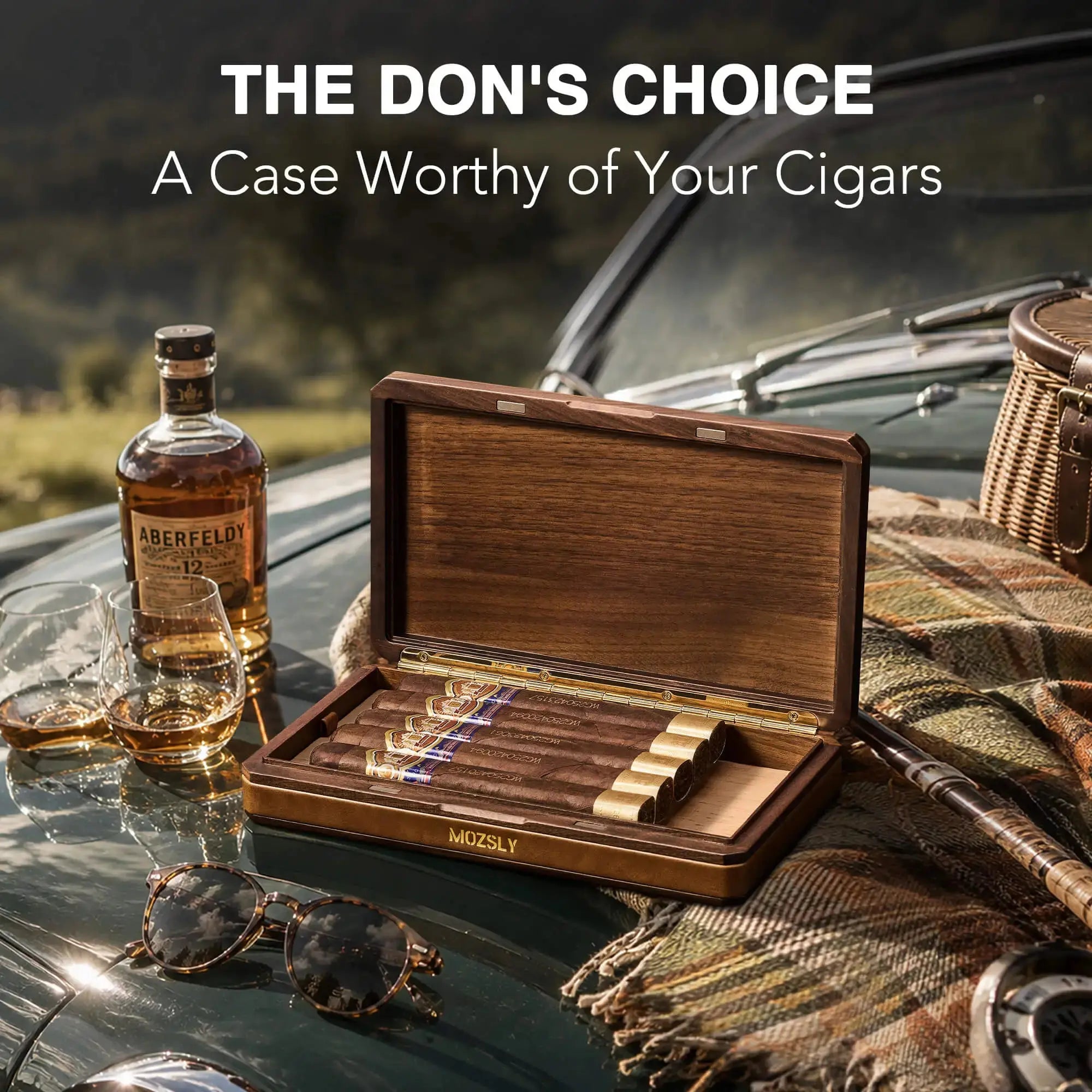 MOZSLY Portable Walnut Wood & Leather Travel Cigar Humidor Box - The Baron Secondary image