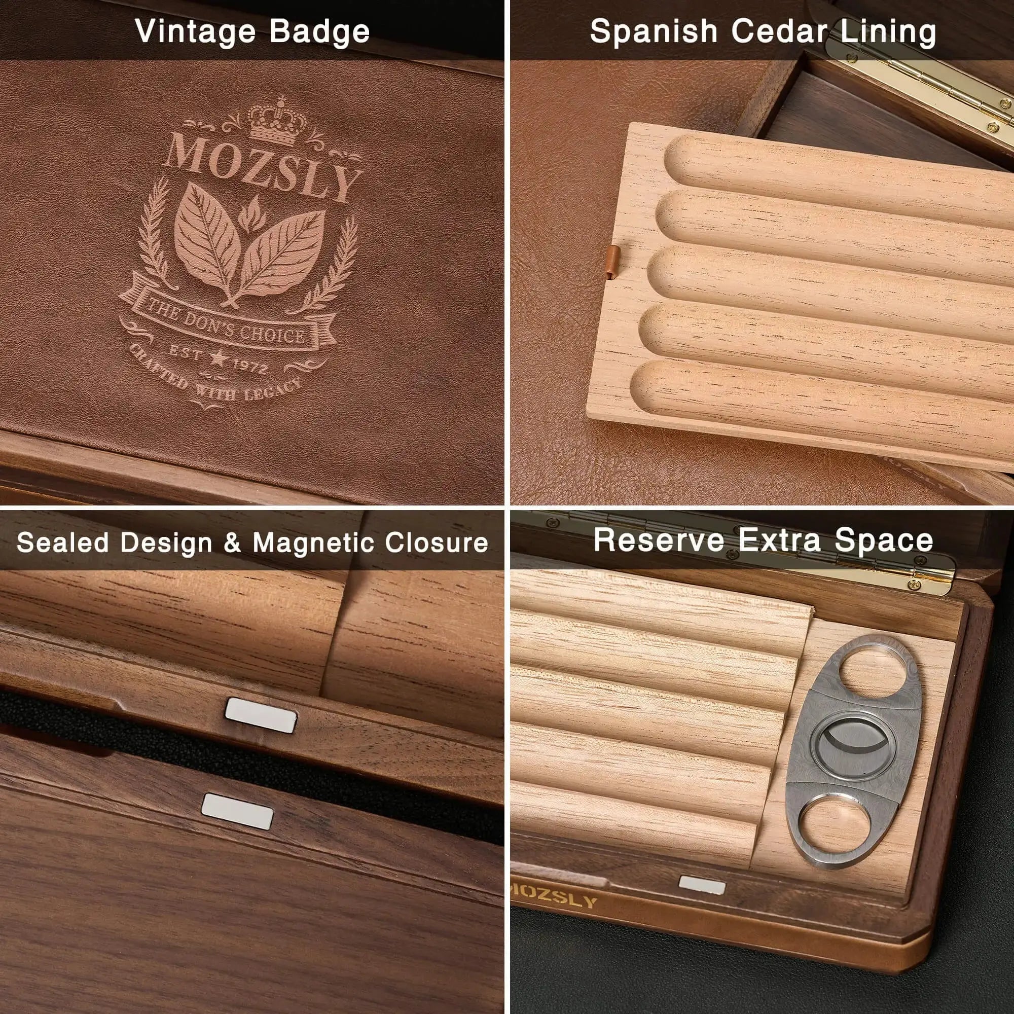 MOZSLY Portable Walnut Wood & Leather Travel Cigar Humidor Box - The Baron