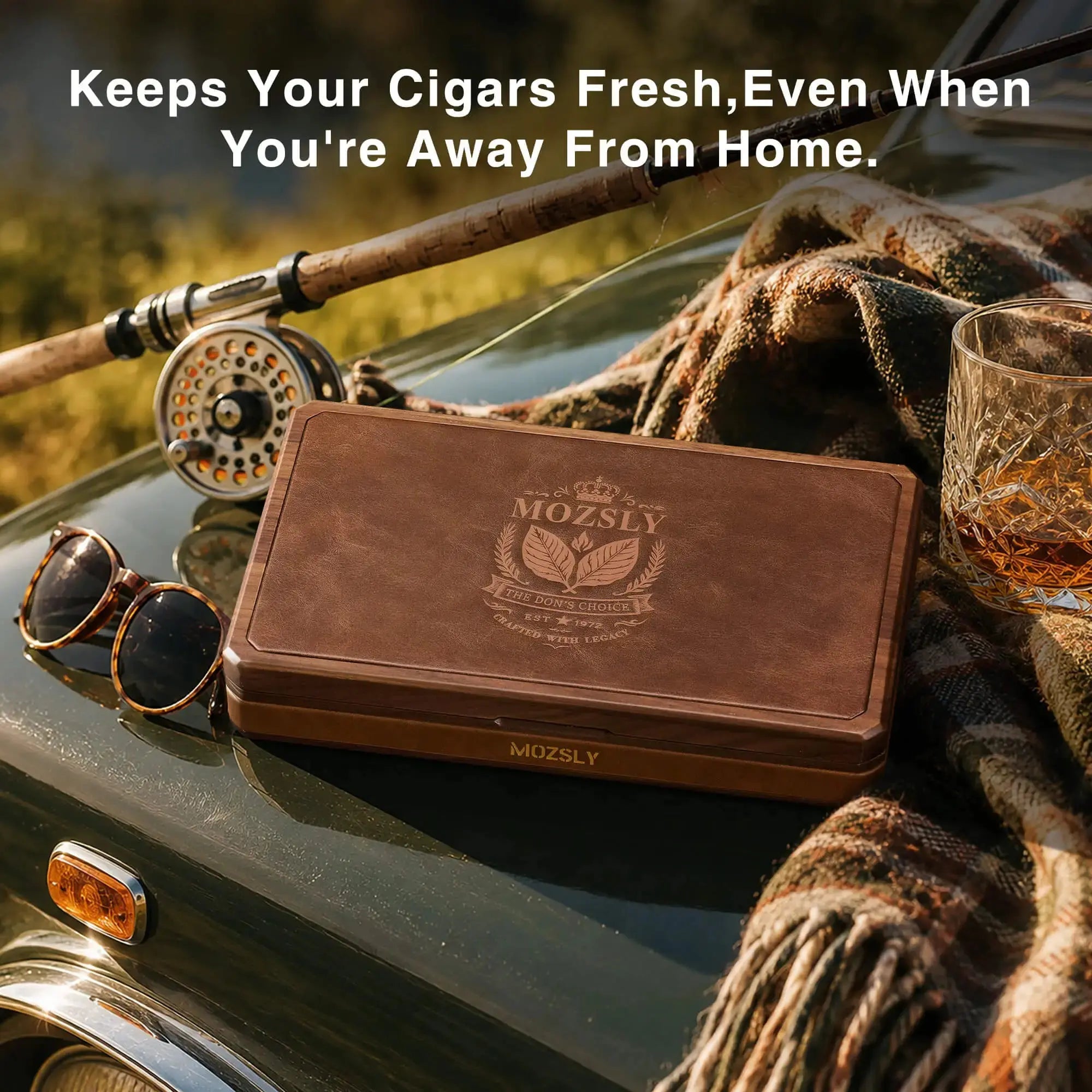 MOZSLY Portable Walnut Wood & Leather Travel Cigar Humidor Box - The Baron