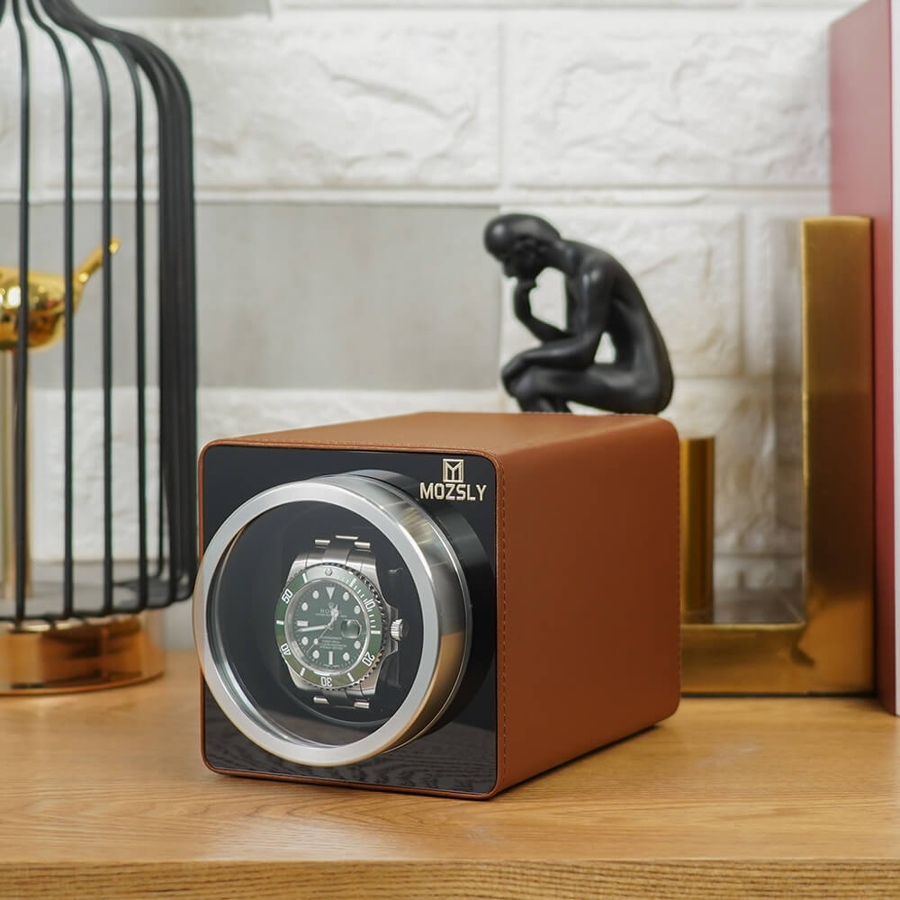 MOZSLY® Single Watch Winder - Brown Leather -- Mozsly