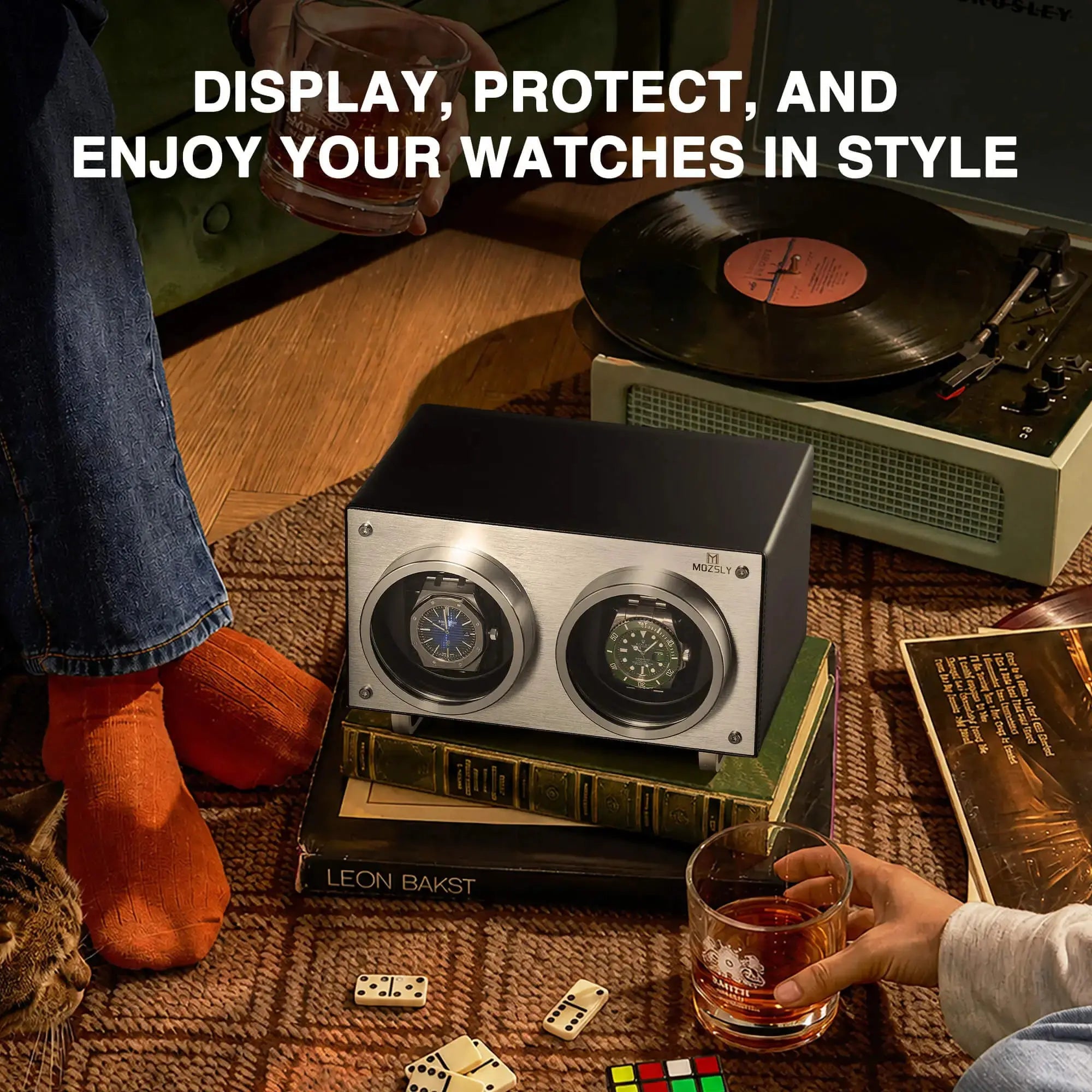 MOZSLY® Double Watch Winder - Black Leather_08
