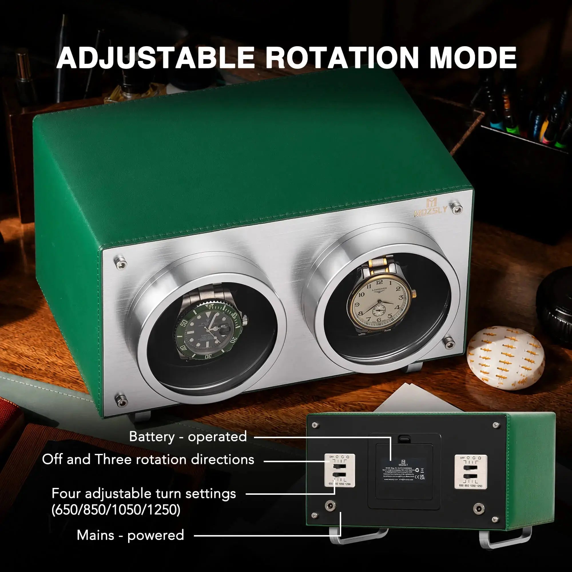 MOZSLY® Double Watch Winder - Green Leather_04