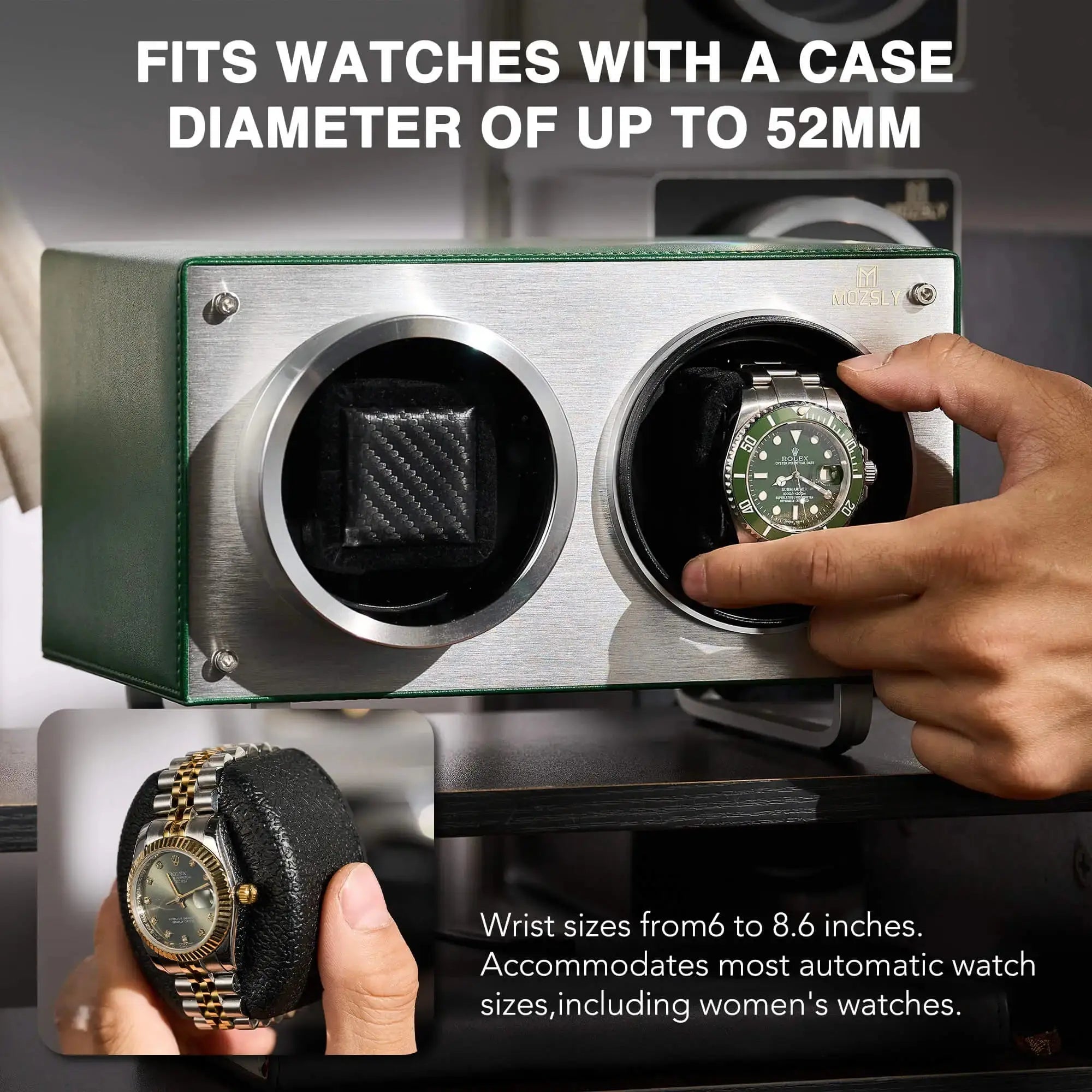 MOZSLY® Double Watch Winder - Green Leather_06