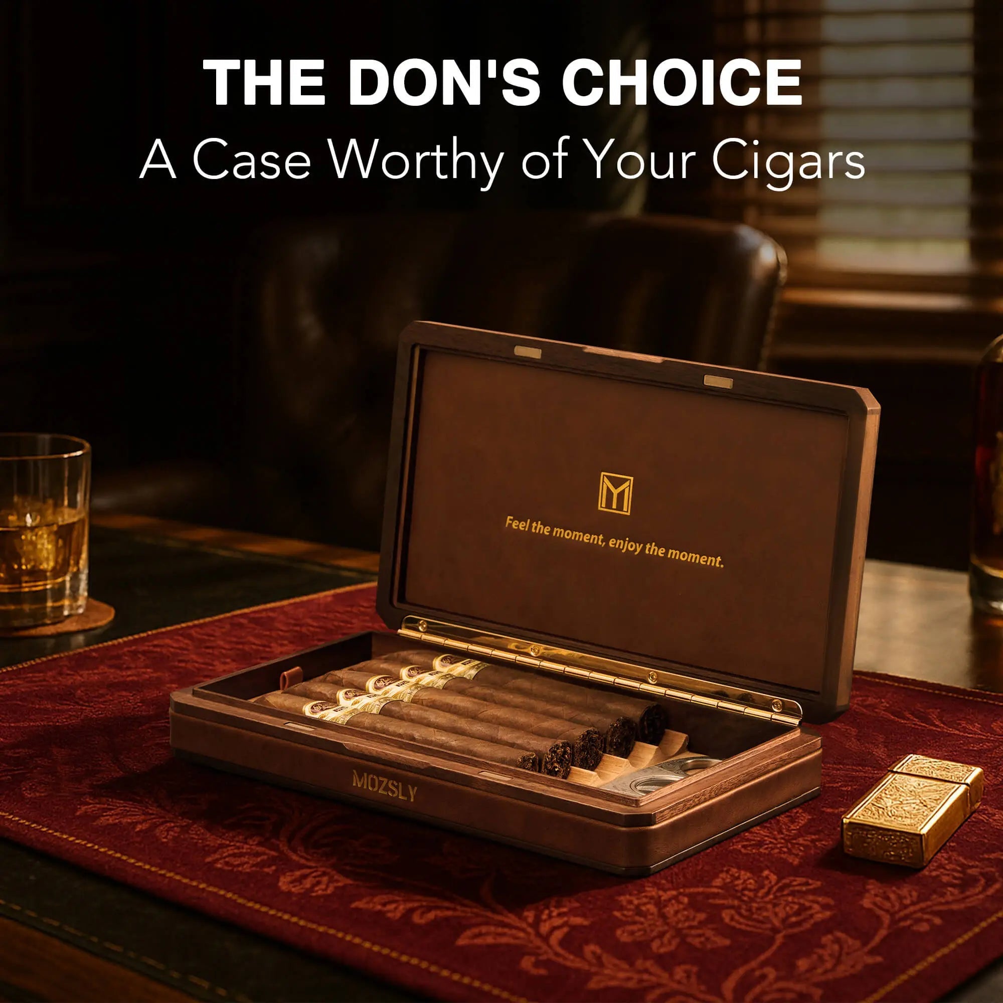 MOZSLY Portable Walnut Wood Travel Cigar Humidor Box-The Don Series Secondary image