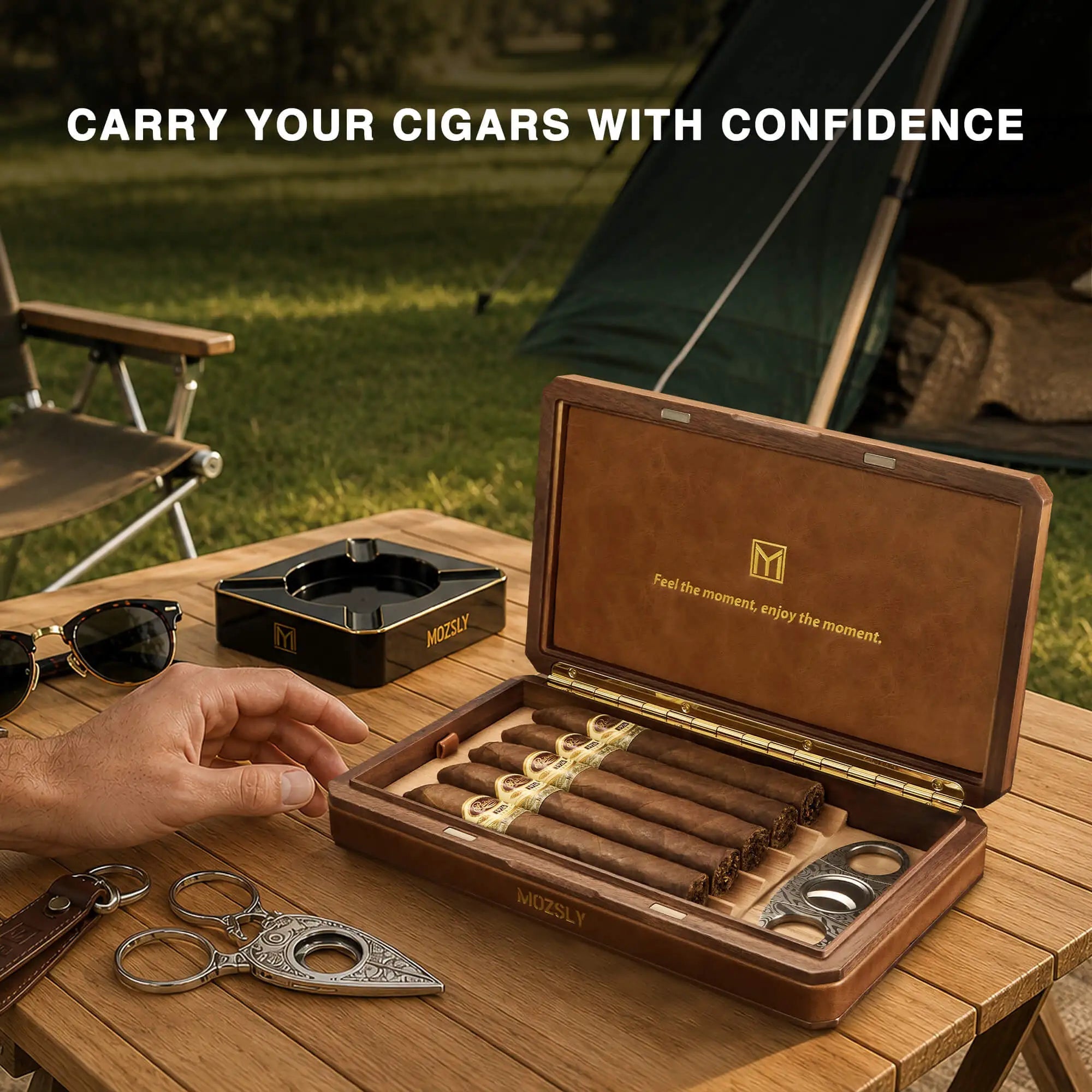MOZSLY Portable Walnut Wood Travel Cigar Humidor Box-The Don Series MOZSLY