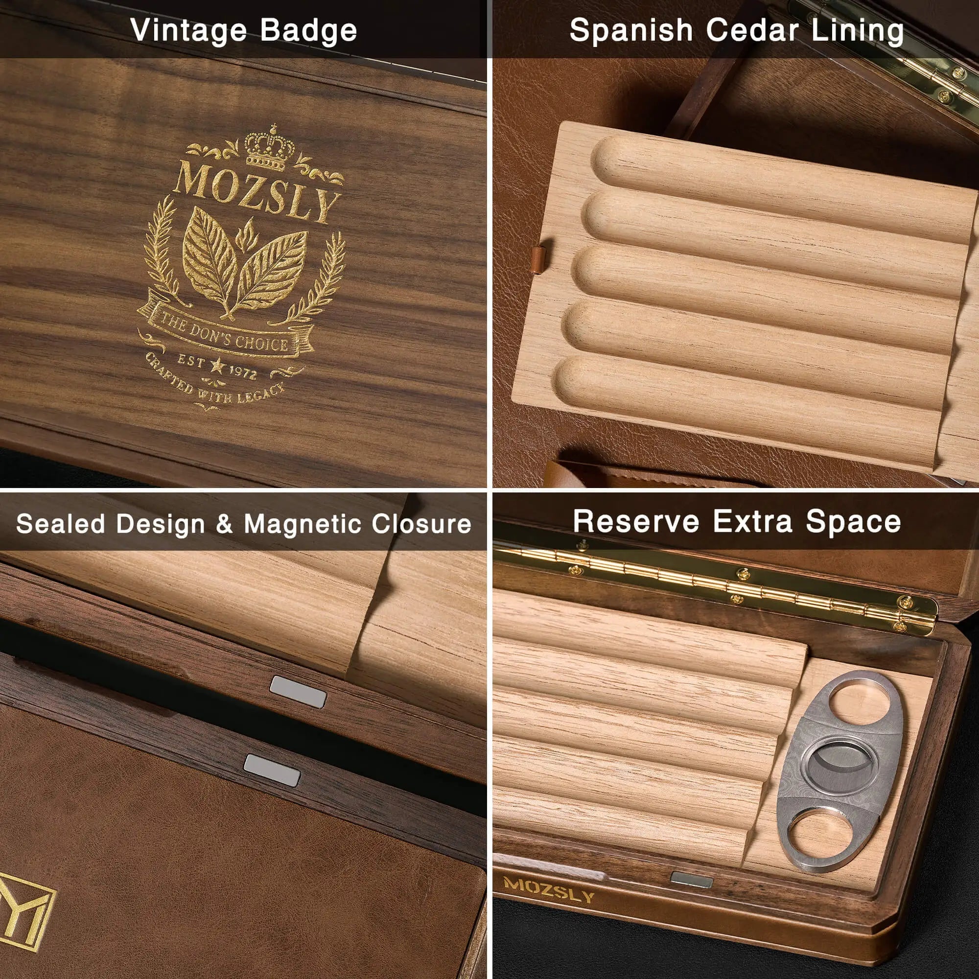 MOZSLY Portable Walnut Wood Travel Cigar Humidor Box-The Don Series MOZSLY