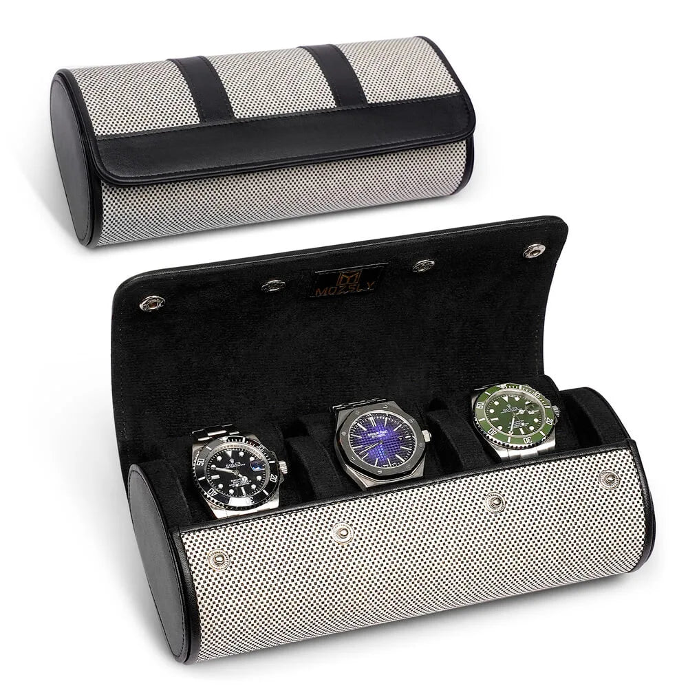 MOZSLY Travel Watch Roll for 3 Watches-Elegant Black-White -Watch Roll- Mozsly
