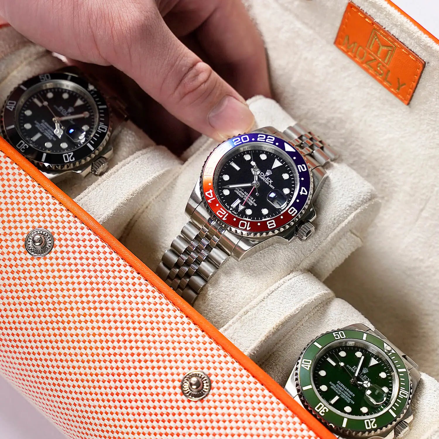 MOZSLY Travel Watch Roll for 3 Watches-Elegant Orange-White -Watch Roll- Mozsly